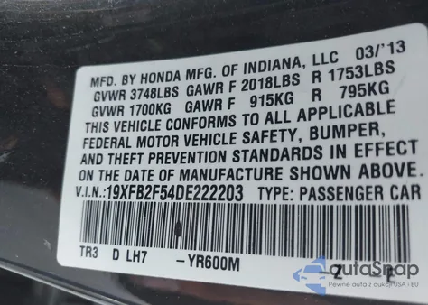 2013 Honda Civic Lx from USA, damaged, VIN 19XFB2F54DE222203